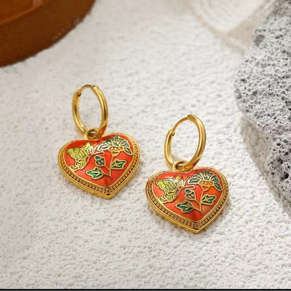 Vintage Ethnic Red Enamel 18K Gold Stainless Steel Gold Heart Earrings - Picture 4 of 8